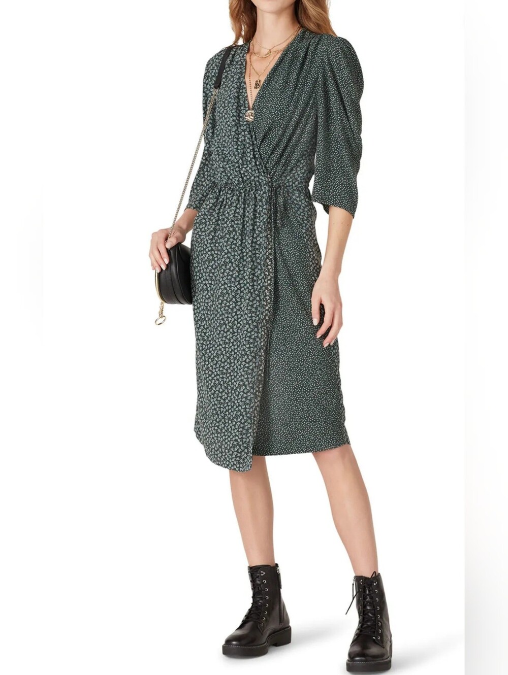 See By Chloe Floral Polka Dot Mixed Print Faux Wrap Dress Size 40 US 8/M Green